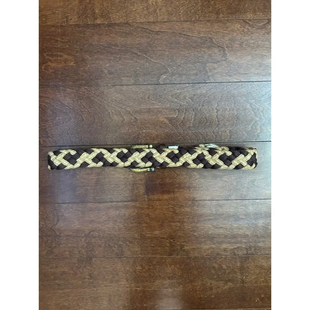Vintage Braided Fiber and Leather Woven Belt in Brown and Tan with Metal Buckle